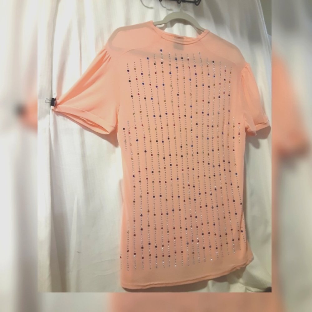 Sexy Stylish Salmon Pknk Sheer Top w/ Color Rhinestones - Sz. 2X